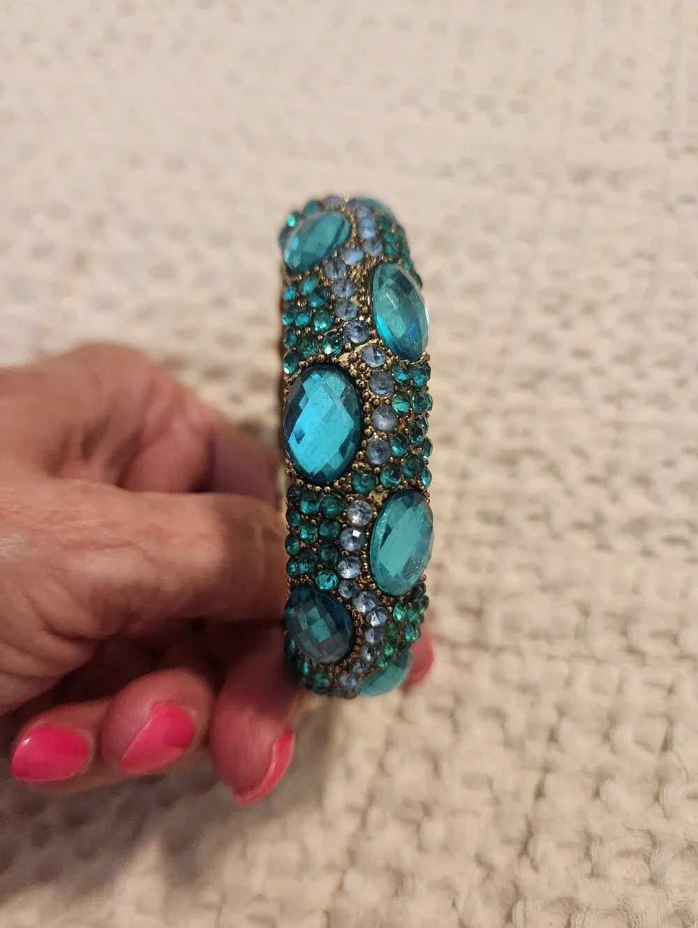 Pair Of Vintage Statement Clamper Bracelets Cream/Gold & Teal With Rhinestones